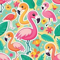 Seamless Pattern of Vibrant Cartoon Flamingos with Tropical Vibes vector