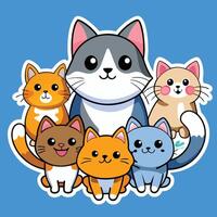 Set of Playful and Colorful Cartoon Cats on a Blue Background vector