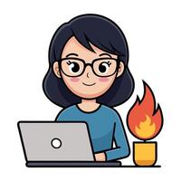 Captivating Illustration of a Woman Working on Laptop with a Fiery Background vector