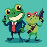 Cartoon Frogs Posing with a Gun and a Cell Phone in a Humorous Scene vector