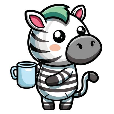Cute Cartoon Icon of a Zebra Enjoying a Refreshing Cup of Coffee