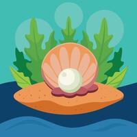 Cartoon Illustration of Pearl Shell and Seaweed in the Ocean Depths vector