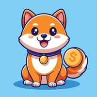 Cartoon Illustration of an Adorable Shiba Inu Dog with Shimmering Gold Coin vector