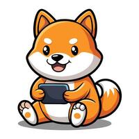 Animated Cartoon of a Playful Shiba Inu Puppy Holding a Phone vector