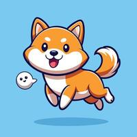 Cartoon Illustration of an Adorable Shiba Inu Dog Soaring Through the Air with a Bone in Its Mouth vector