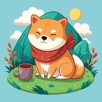 Snoozing Shiba Inu Dog with Warm Coffee and Cozy Blanket vector