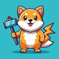 Shiba Inu with a Hammer and Lightning Bolt in a Cartoonish Car vector