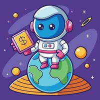 Cute Rich Astronaut Posing on a Planet with Stacks of Money and Planets vector