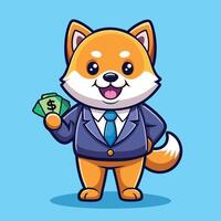 Cute and Professional Shiba Inu Businessman Holding Money Cartoon Illustration vector