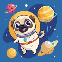 Adorable Pug Astronaut Soaring Through Space with a Planet Balloon vector