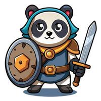 Adorable Cartoon Panda Knight Standing Guard with Shield and Sword vector