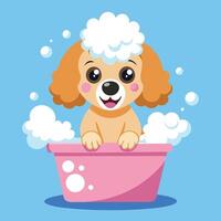 Bubbles and Bliss Cute Poodle s Joyful Bath in a Bucket vector