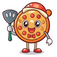 Adorable Pizza Cartoon Character Holding Pizza Cutter and Smiling vector