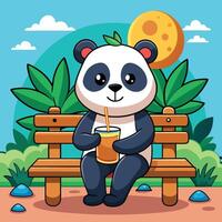 Adorable Panda Relaxes on Bench while Enjoying Orange Juice vector