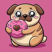 Adorable Pug Enjoys Scrumptious Doughnut in Loving Embrace vector