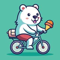 Cool and Cuddly Adorable Polar Bear Enjoys Bicycle Ride with Ice Cream Cone vector