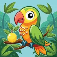 Amusing Cartoon Depiction of a Parrot Enjoying a Mango Snack on a Branch vector