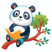 Adorable Panda Immersed in Reading on a Tree Branch vector