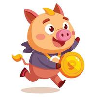 Animated Cartoon of an Adorable Pig Running with a Gold Coin vector