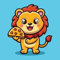 Adorable Animated Icon Depicting a Lion Enjoying a Slice of Pizza vector