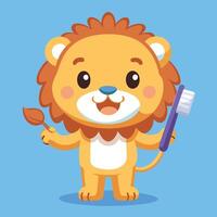 Adorable Lion Cub Enjoys Toothbrushing with Toothpaste and Toothbrush vector