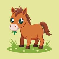dibujos animados ilustración de un linda caballo masticando en césped en un campo vector