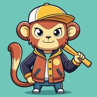 Playful Monkey in Jacket with Baseball Bat and Banana Munching vector