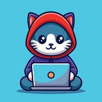Amusing Cartoon of a Cat Hacker Operating a Laptop vector