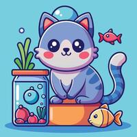 Animated Adventures Curious Cat Toying with Fish in Aquarium vector