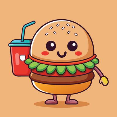 Adorable Burger Character Holding a Refreshing Soda Drink with a Cheerful Expression