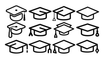 outline art graduation black cap icons set in various styles and angles vector