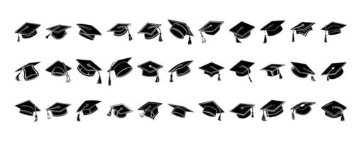 graduation black cap icons set in various styles and angles vector