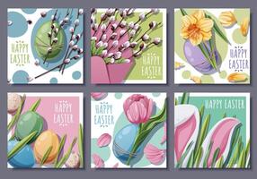 Happy Easter Square Card Set with Bunny Ears in Grass, Colorful Eggs, Tulips, Daffodils and Willow Branches. Spring Holiday Design for Banners, Social Media and Festive Decor. vector