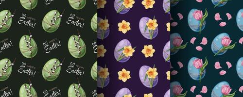 Happy Easter Seamless Pattern Set with Colorful Eggs, Tulips, Daffodils and Willow Branches. Spring Floral Background for Textiles, Wallpaper, Wrapping Paper and Holiday Decor. Illustration vector