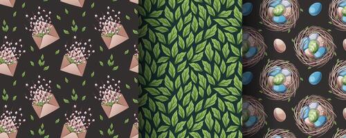 Happy Easter Seamless Pattern Set with Nest, Eggs, Leaves and Willow in Envelope. Spring Floral Background for Textiles, Gift Wrap and Holiday Decor. vector