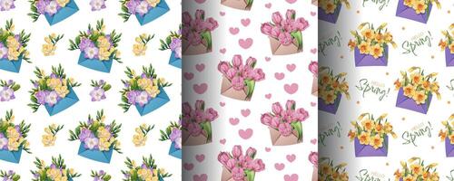Spring Seamless Pattern Set with Daffodils, Tulips and Freesia in Envelope. Floral Background for Textiles, Wallpaper and Wrapping Paper. vector