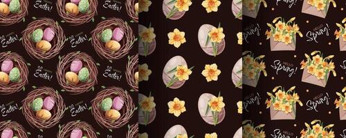 Easter Seamless Pattern Set with Eggs in Nest and Daffodils. Spring Floral Background for Textiles, Wallpaper, Wrapping Paper and Holiday Decor. Cheerful Illustration vector