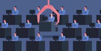 Identical people sit at desks with computers and large robotic arm grabbing one of them. Concept of dismissal of employee, office worker or clerk. Colorful illustration in flat cartoon style. vector