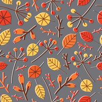 Colorful seamless pattern with autumn leaves, branches, sprigs, twigs and berries on grey background. Vivid botanical seasonal illustration for wrapping paper, wallpaper, fabric print. vector