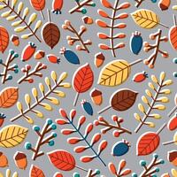 Modern seamless pattern with fallen leaves, tree branches, sprigs, twigs, acorns and berries on grey background. Autumn illustration in flat cartoon style for wrapping paper, fabric print. vector