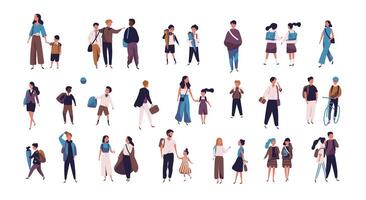 Crowd of pupils, school children with parents and students going to school, college or university. Tiny people on street isolated on white background. Colorful illustration in flat style. vector