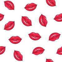 Seamless pattern with sexy female lips on white background. Backdrop with sexy smiling mouths. Texture with symbols of passion. Bright colored illustration for fabric print, wrapping paper. vector