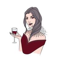 Brunette woman with fangs and collar made of spider web drinking blood from wine glass. Creepy fiction character isolated on white background. Colorful illustration in realistic style. vector