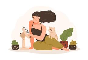 Portrait of smiling woman sitting on floor with her pet cat and using electric fan to cool down. Adorable cartoon character isolated on white background. Colorful illustration in flat style. vector