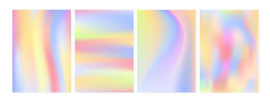 Collection of vertical backgrounds or backdrops with iridescent stains, blur or holographic surface imitation. Bundle of poster, flyer or card templates. illustration in futuristic style. vector