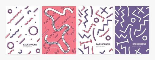 Collection of vertical backgrounds or backdrops with abstract geometric shapes, curved and zigzag lines. Set of poster, flyer or card templates. Colorful illustration in trendy style. vector