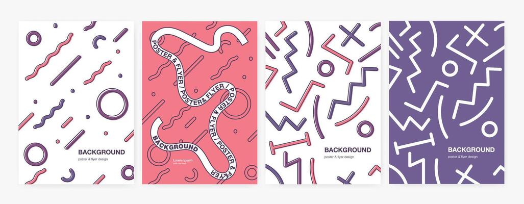 Collection of vertical backgrounds or backdrops with abstract geometric shapes, curved and zigzag lines. Set of poster, flyer or card templates. Colorful illustration in trendy style.