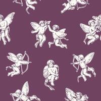 Elegant seamless pattern with adorable Amors hand drawn with contour lines on purple background. Backdrop with cute flying angels. Romantic illustration for wrapping paper, textile print. vector