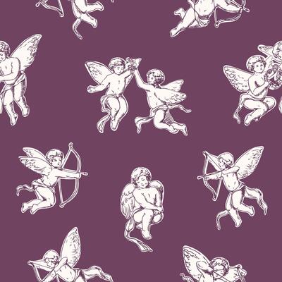 Elegant seamless pattern with adorable Amors hand drawn with contour lines on purple background. Backdrop with cute flying angels. Romantic illustration for wrapping paper, textile print.