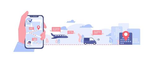 Horizontal banner with hand holding smartphone with map on screen, various types of transport and location mark. Order delivery online tracking. Colorful illustration in flat cartoon style. vector
